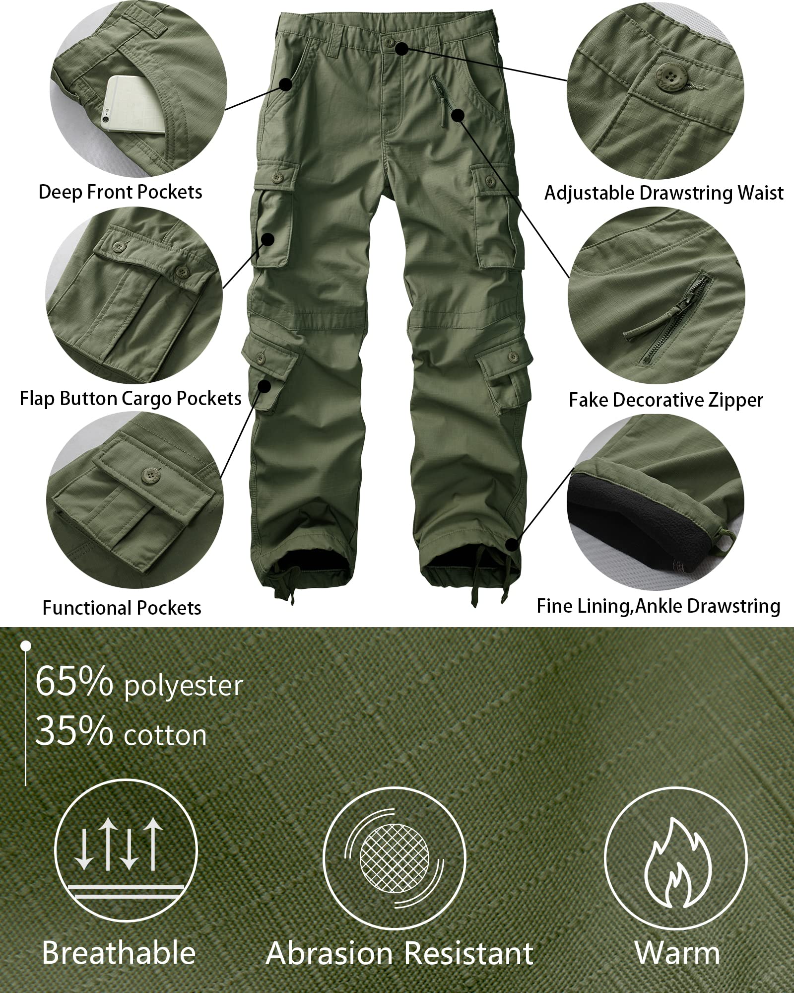 Men's Fleece Lined Camo Hiking Tactical Ripstop Pants Winter Outdoor Work Cargo Pants with 8Pockets No Belt