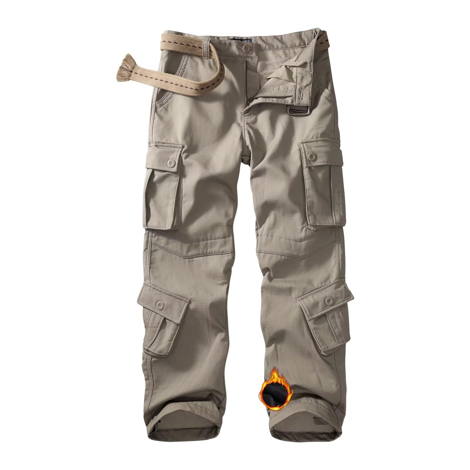 Men's Fleece Lined Camo Hiking Tactical Ripstop Pants Winter Outdoor Work Cargo Pants with 8Pockets No Belt