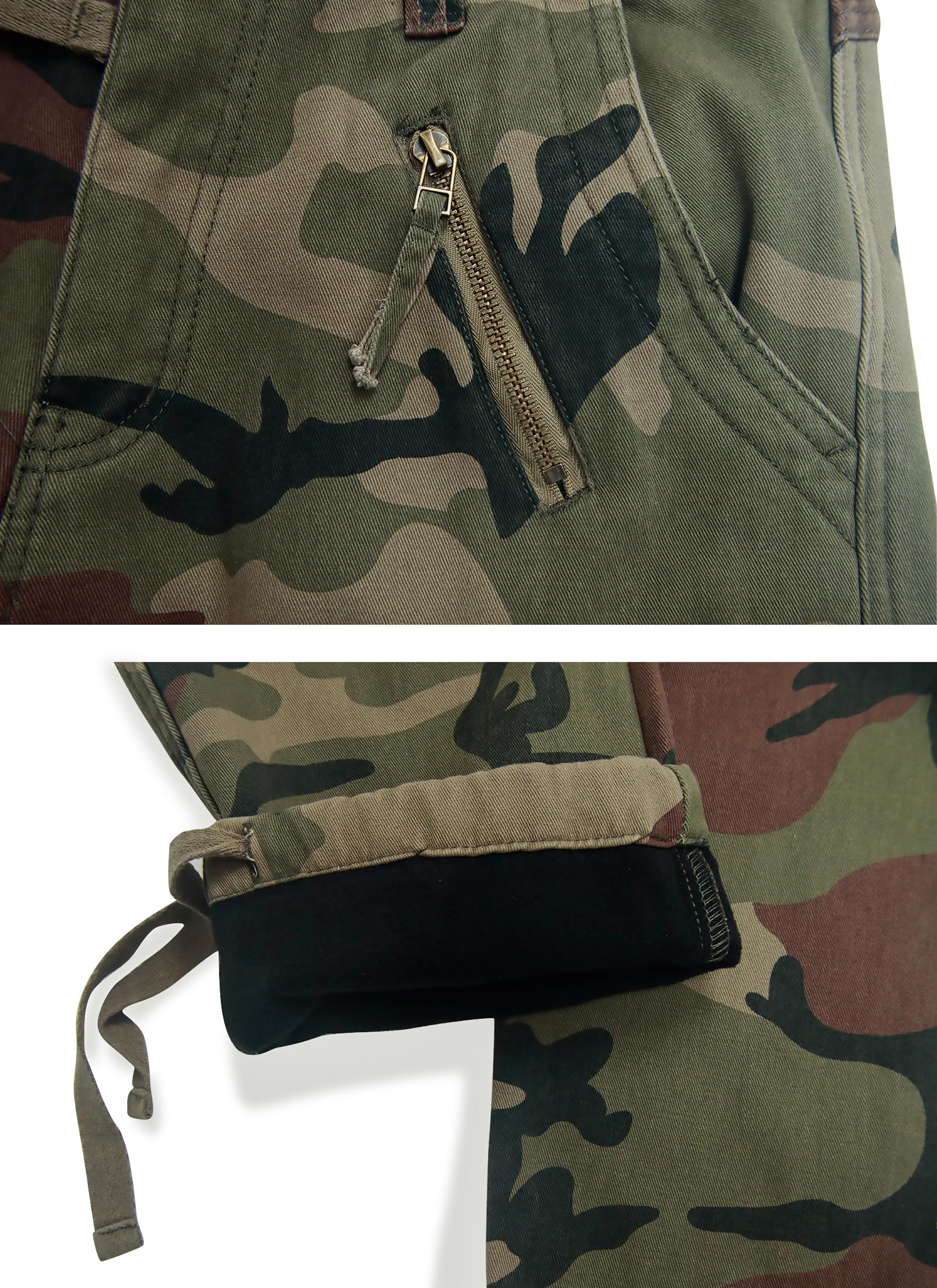 Men's Fleece Lined Hiking Pants, Winter Camo Cargo Pants Army Casual Work Ski Pants for Men with 8 Pockets No Belt