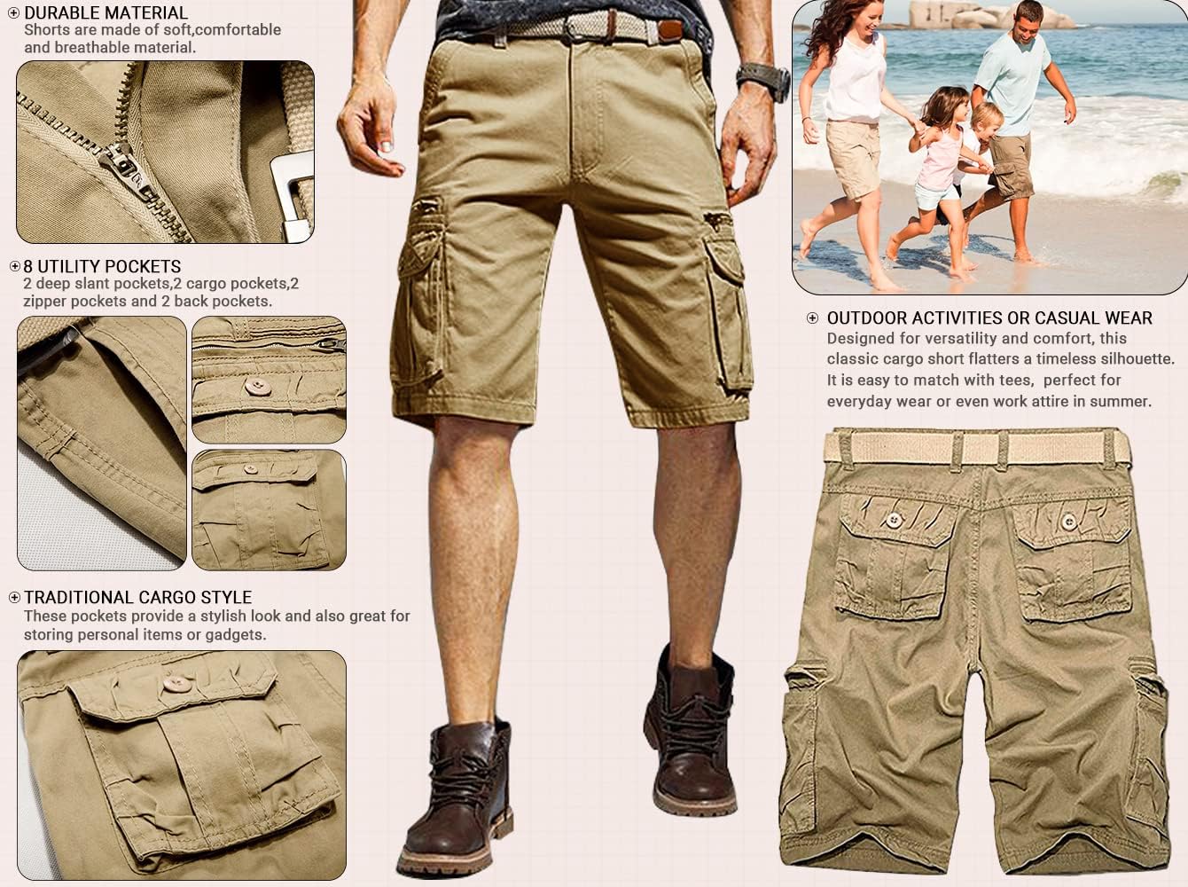 Men's Cargo Shorts Relaxed Fit, Cotton Twill Work Shorts, Outdoor Lightweight Casual Shorts for Men with Pockets