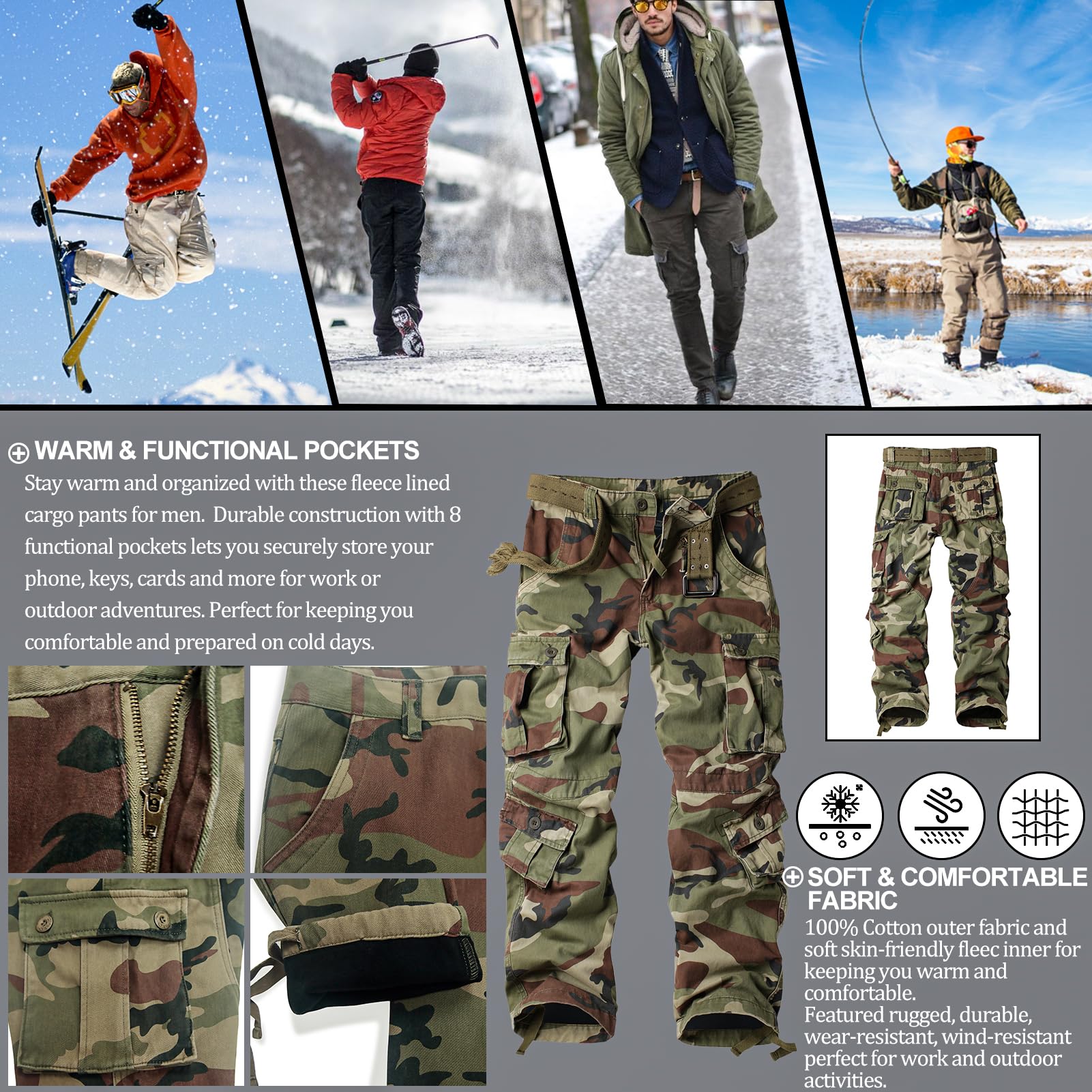 Men's Fleece Lined Hiking Pants, Winter Camo Cargo Pants Army Casual Work Ski Pants for Men with 8 Pockets No Belt