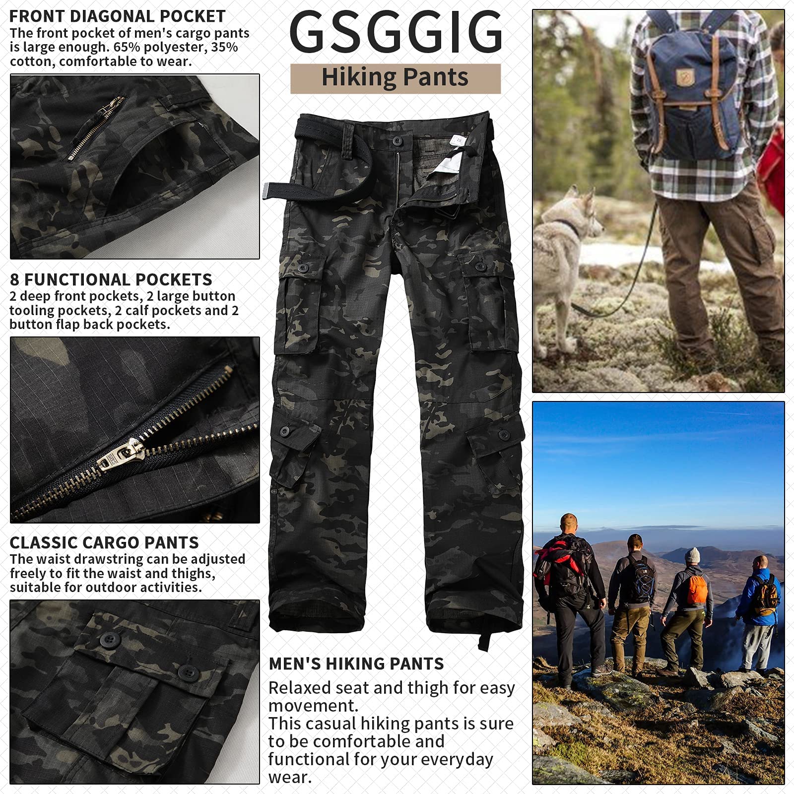 Men's Outdoor Hiking Pants, Tactical Pants Lightweight Casual Work Ripstop Cargo Pants for Men with Pockets