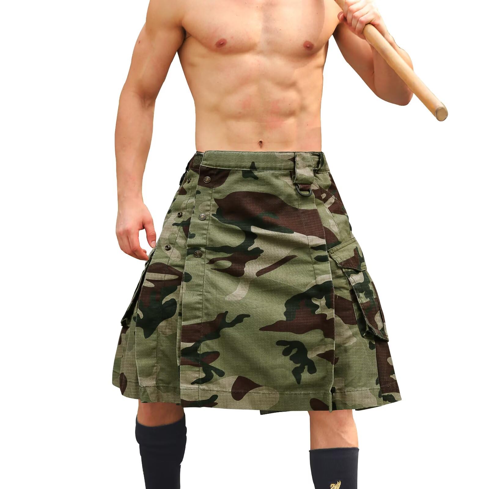 Men's Camo Scottish Outdoor Utility Kilt - 23" Length Pleated Tactical Irish Hybrid Kilt With Pockets