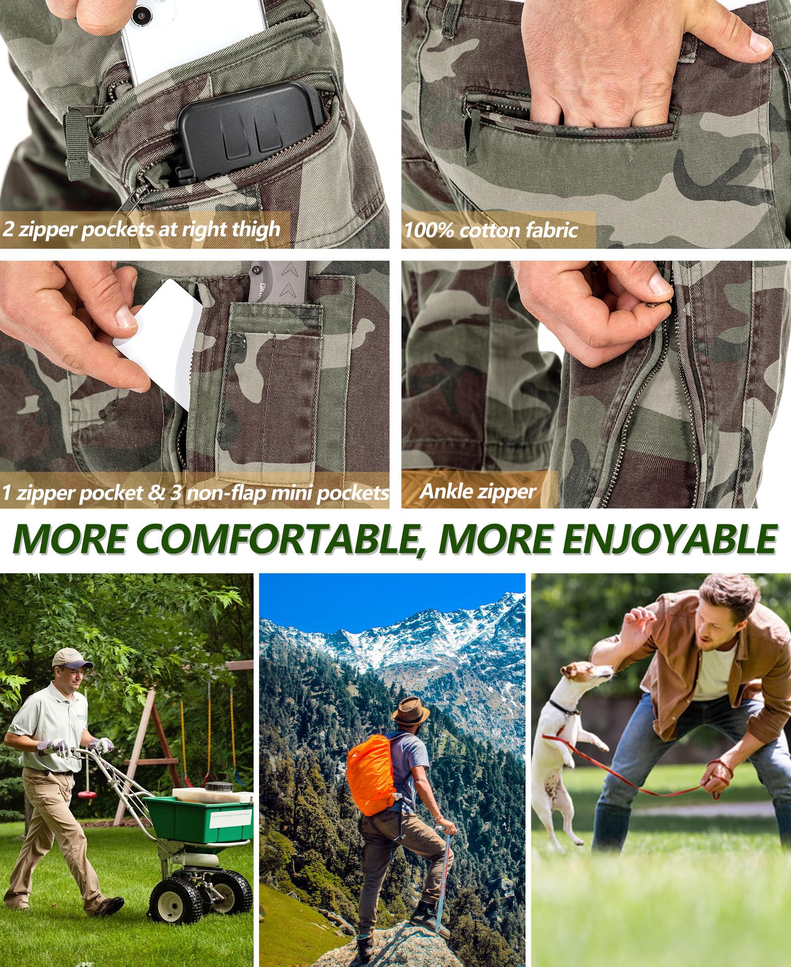 Cargo Pants for Men, Work Travel Casual Pants with Multi Zipper Pockets