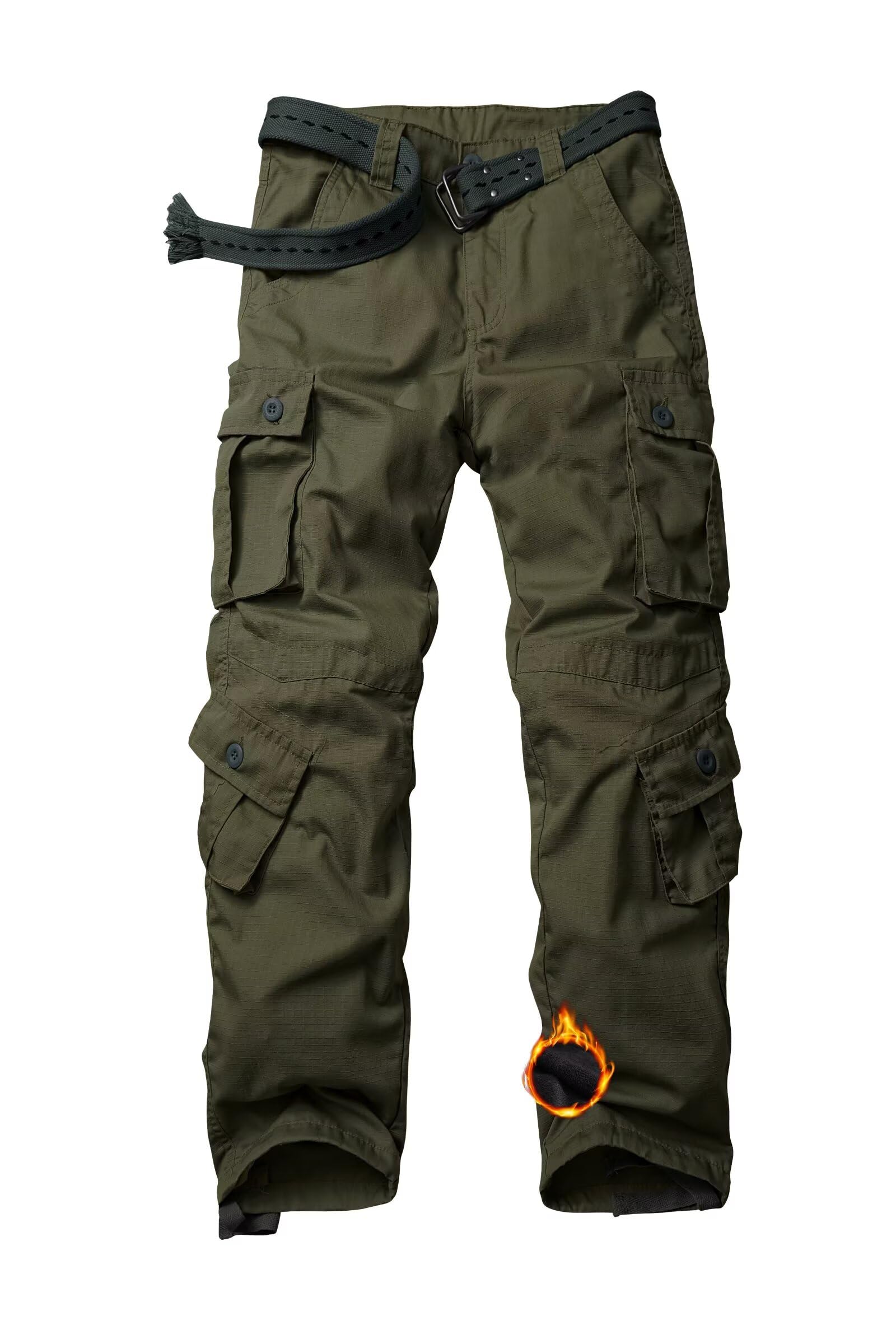 Men's Fleece Lined Camo Hiking Tactical Ripstop Pants Winter Outdoor Work Cargo Pants with 8Pockets No Belt