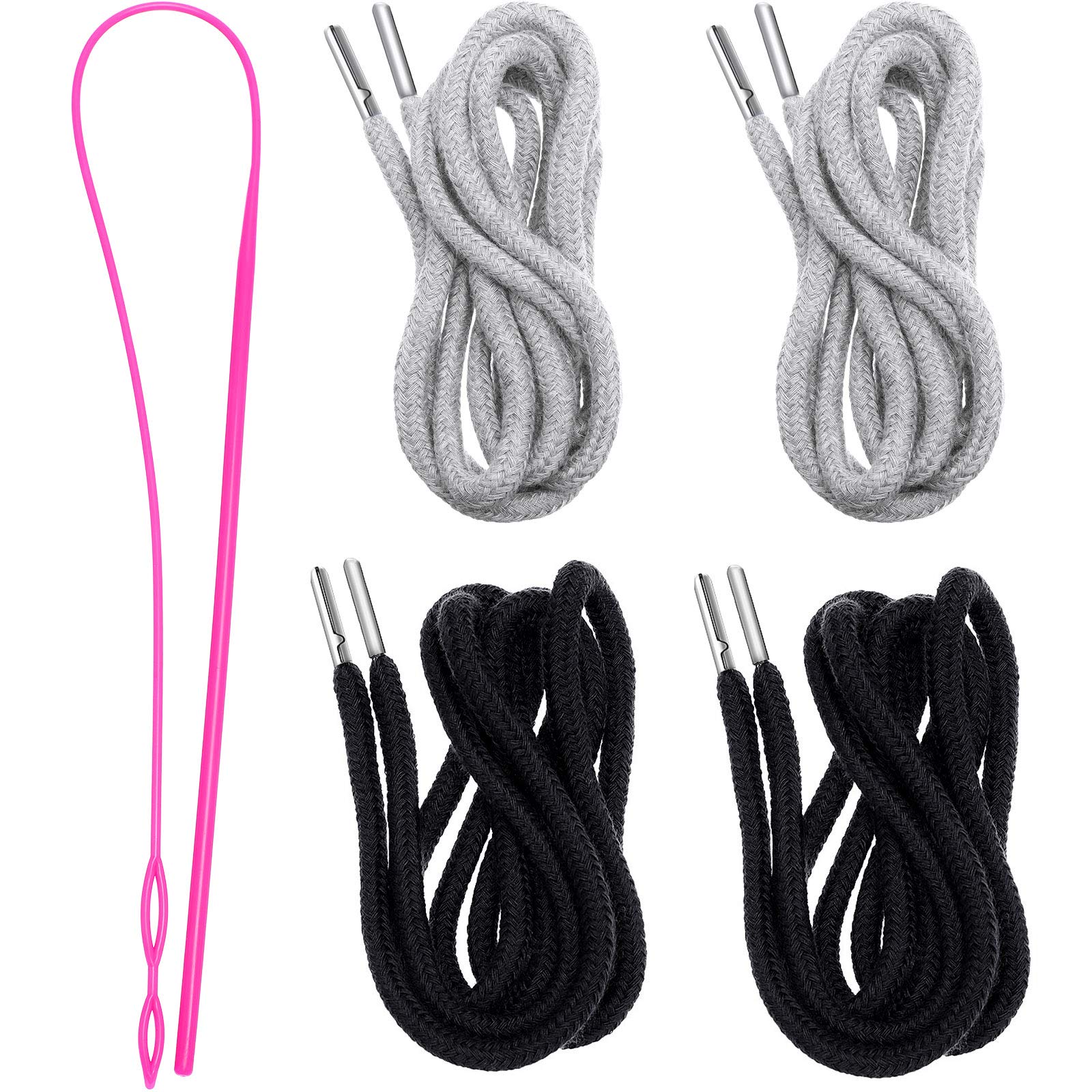 Drawstring Cords Replacement Drawstrings with Easy Threader for Sweatpants Shorts Pants Jackets Coats (Black, White)