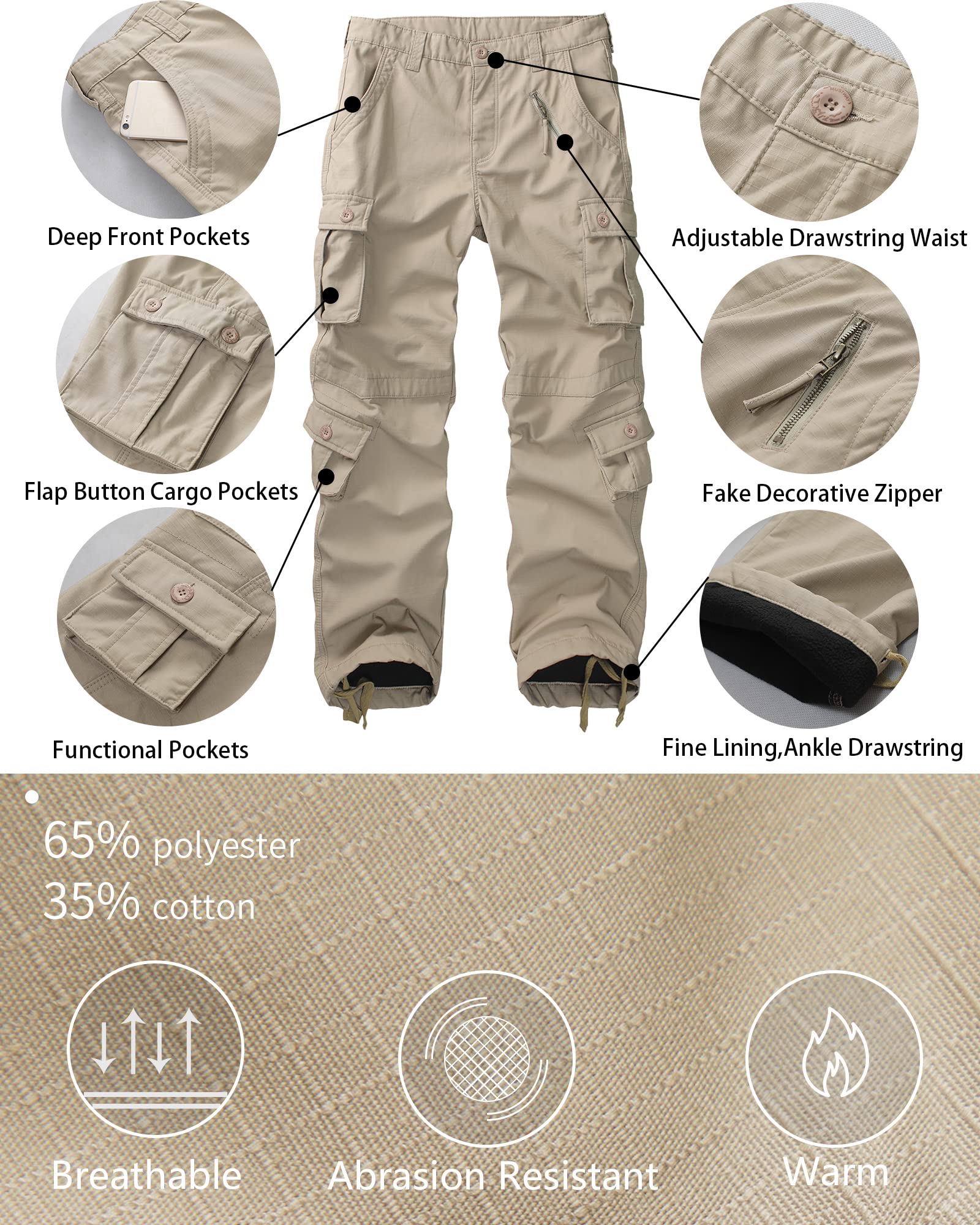 Men's Fleece Lined Camo Hiking Tactical Ripstop Pants Winter Outdoor Work Cargo Pants with 8Pockets No Belt