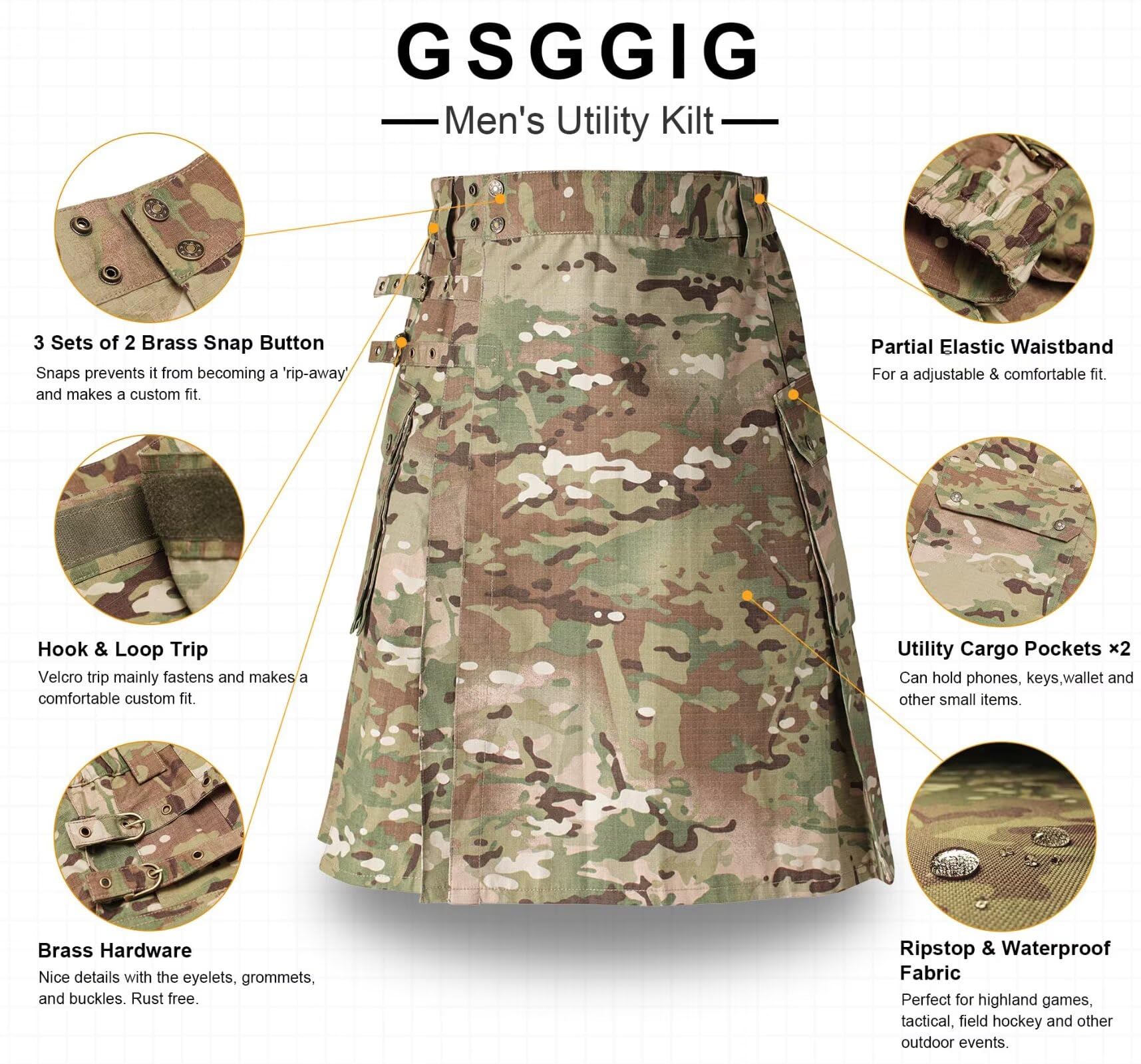 Men's Camo Scottish Outdoor Utility Kilt - 23" Length Pleated Tactical Irish Hybrid Kilt With Pockets