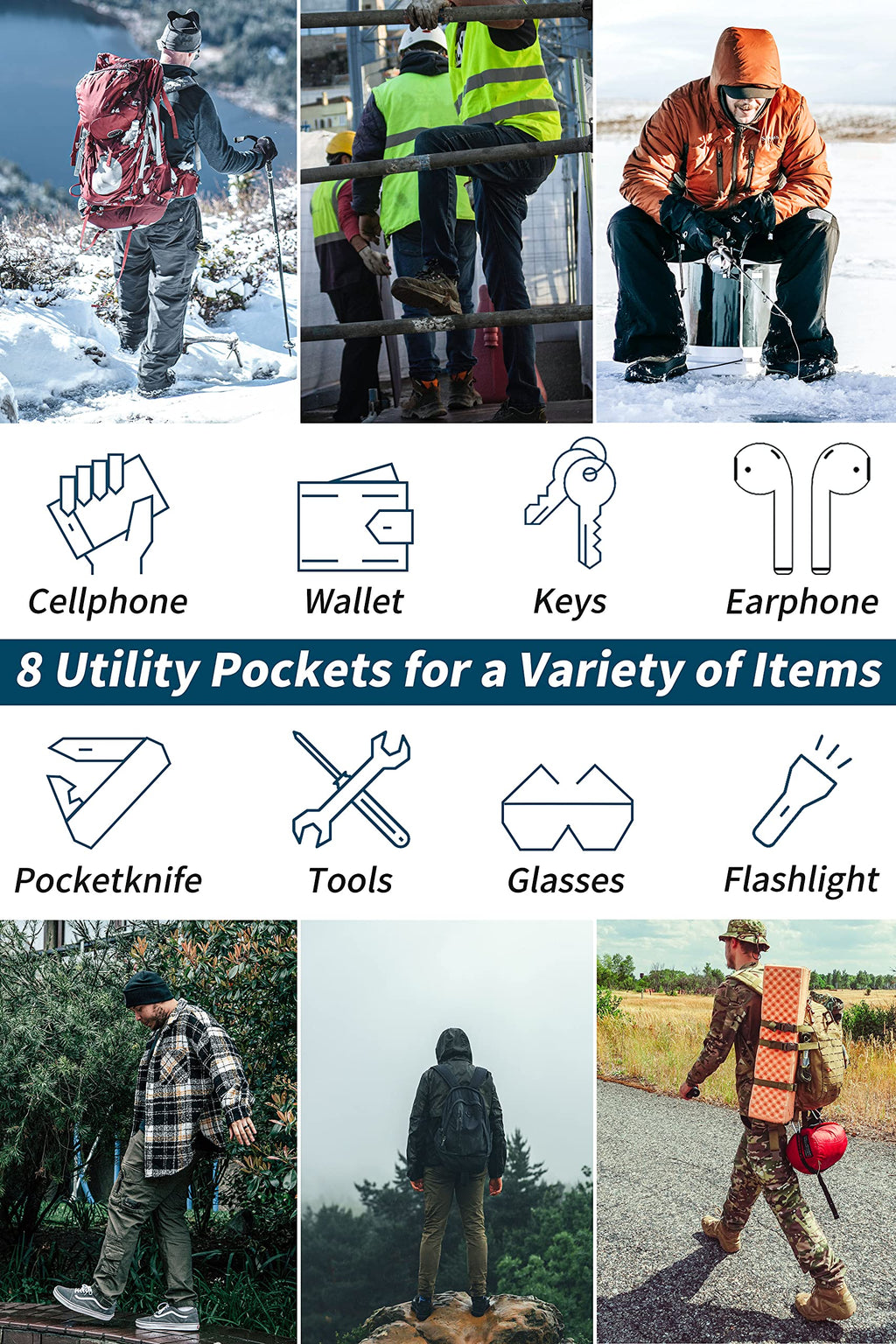 Men's Fleece Lined Camo Hiking Tactical Ripstop Pants Winter Outdoor Work Cargo Pants with 8Pockets No Belt