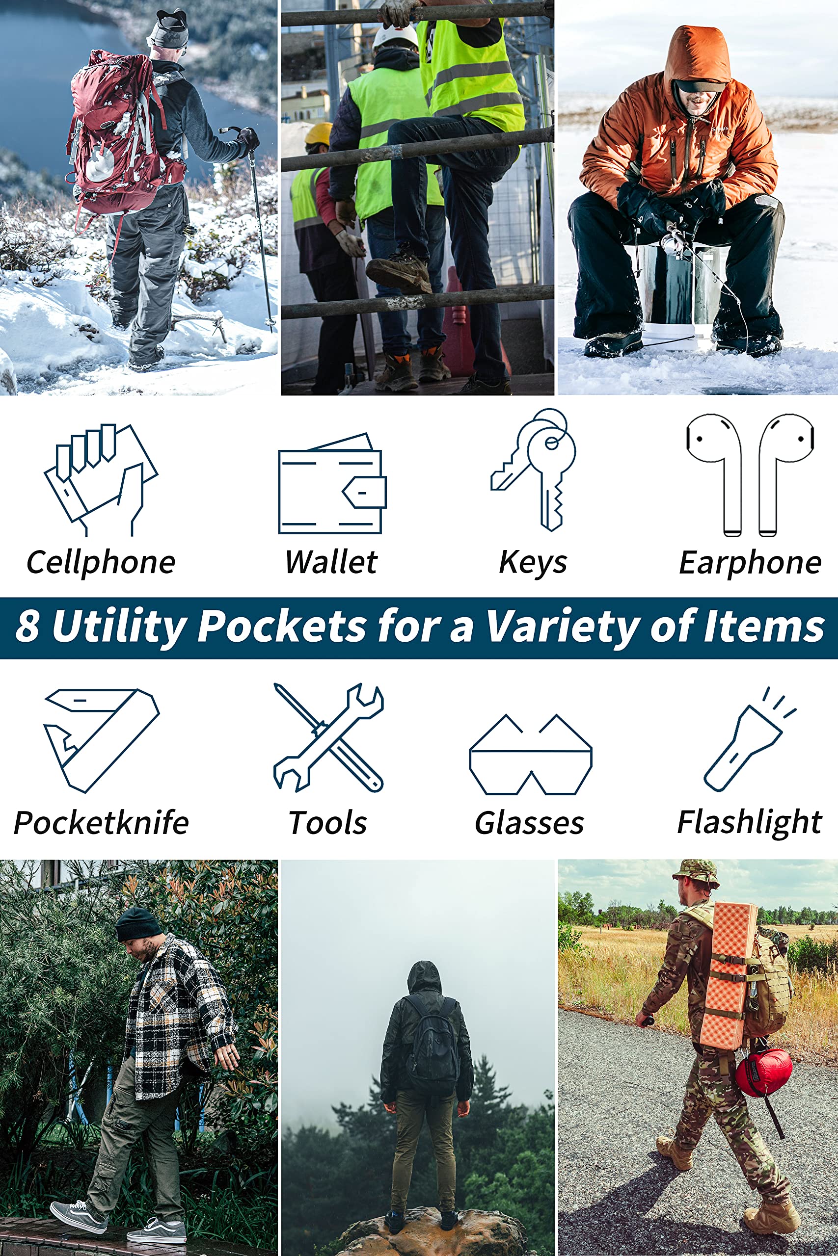 Men's Fleece Lined Camo Hiking Tactical Ripstop Pants Winter Outdoor Work Cargo Pants with 8Pockets No Belt