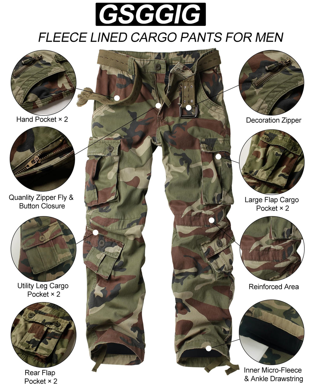 Men's Fleece Lined Hiking Pants, Winter Camo Cargo Pants Army Casual Work Ski Pants for Men with 8 Pockets No Belt