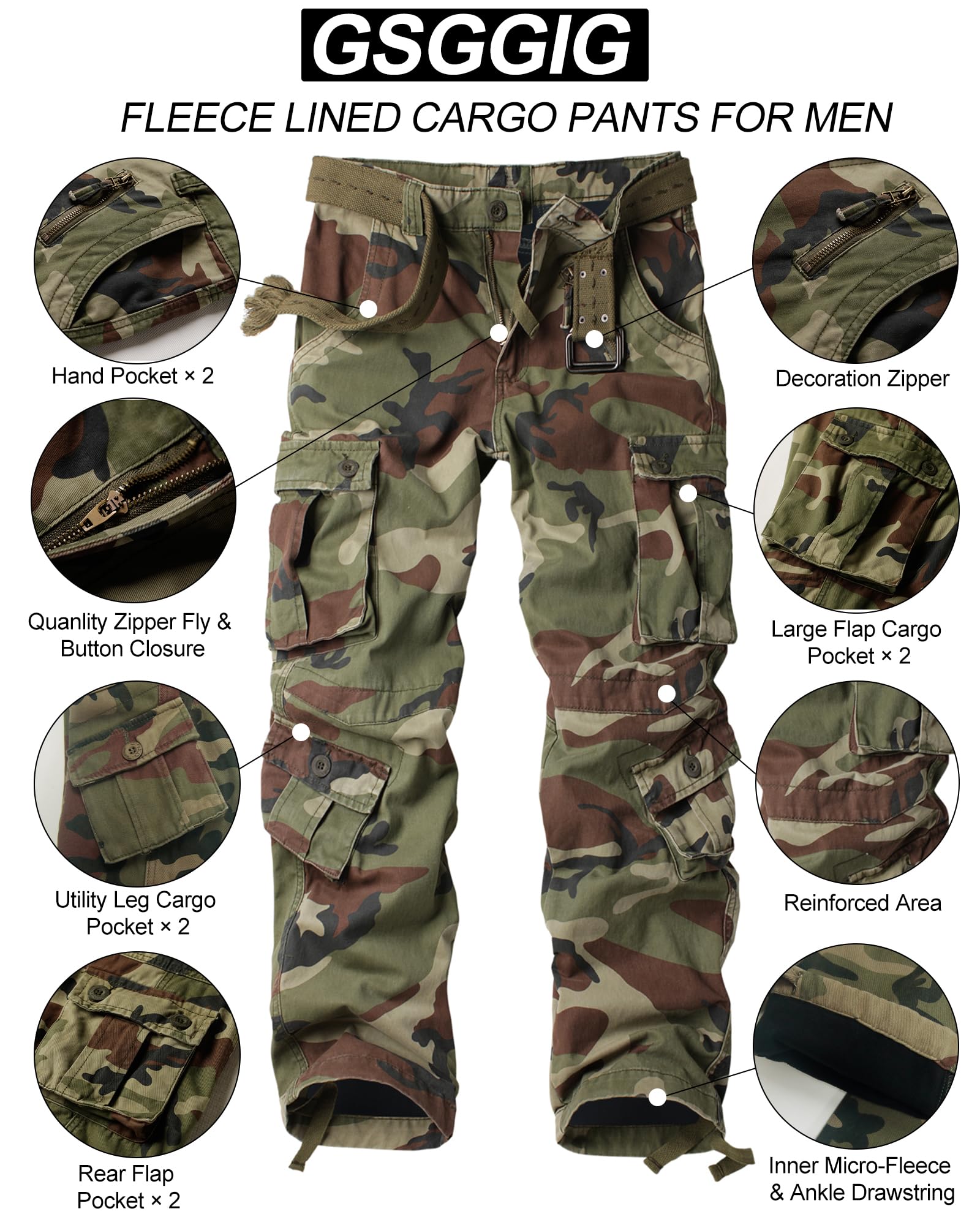 Men's Fleece Lined Hiking Pants, Winter Camo Cargo Pants Army Casual Work Ski Pants for Men with 8 Pockets No Belt