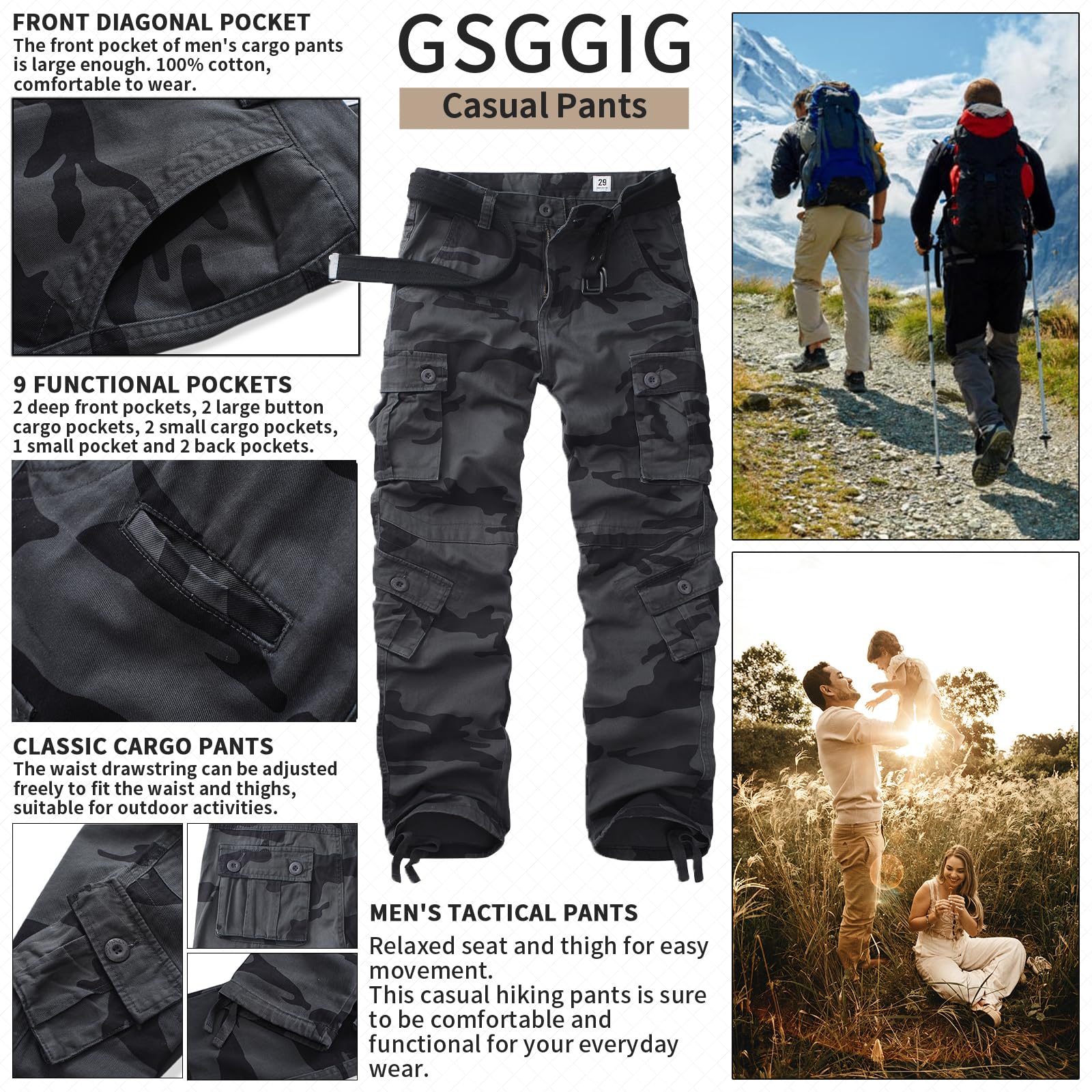 Men's Cargo Pants, Casual Outdoor Camo Pants, Relaxed Fit Work Pants with Multi Pockets