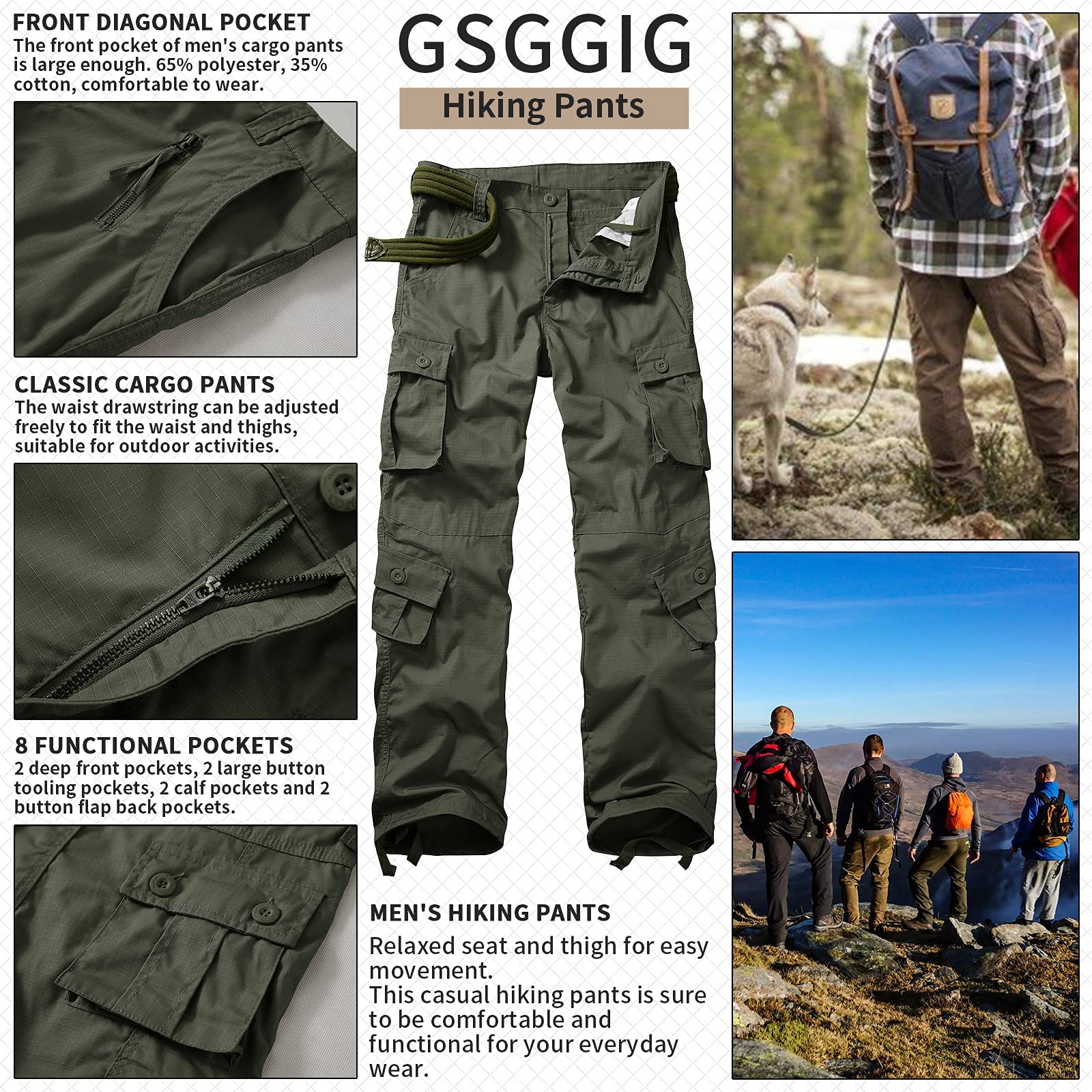 Men's Outdoor Hiking Pants, Tactical Pants Lightweight Casual Work Ripstop Cargo Pants for Men with Pockets