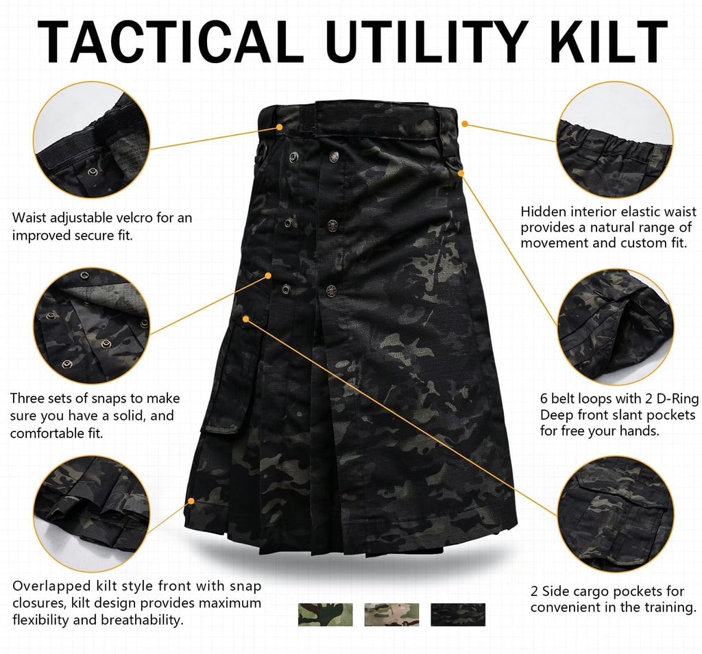 Men's Camo Scottish Outdoor Utility Kilt - 23" Length Pleated Tactical Irish Hybrid Kilt With Pockets
