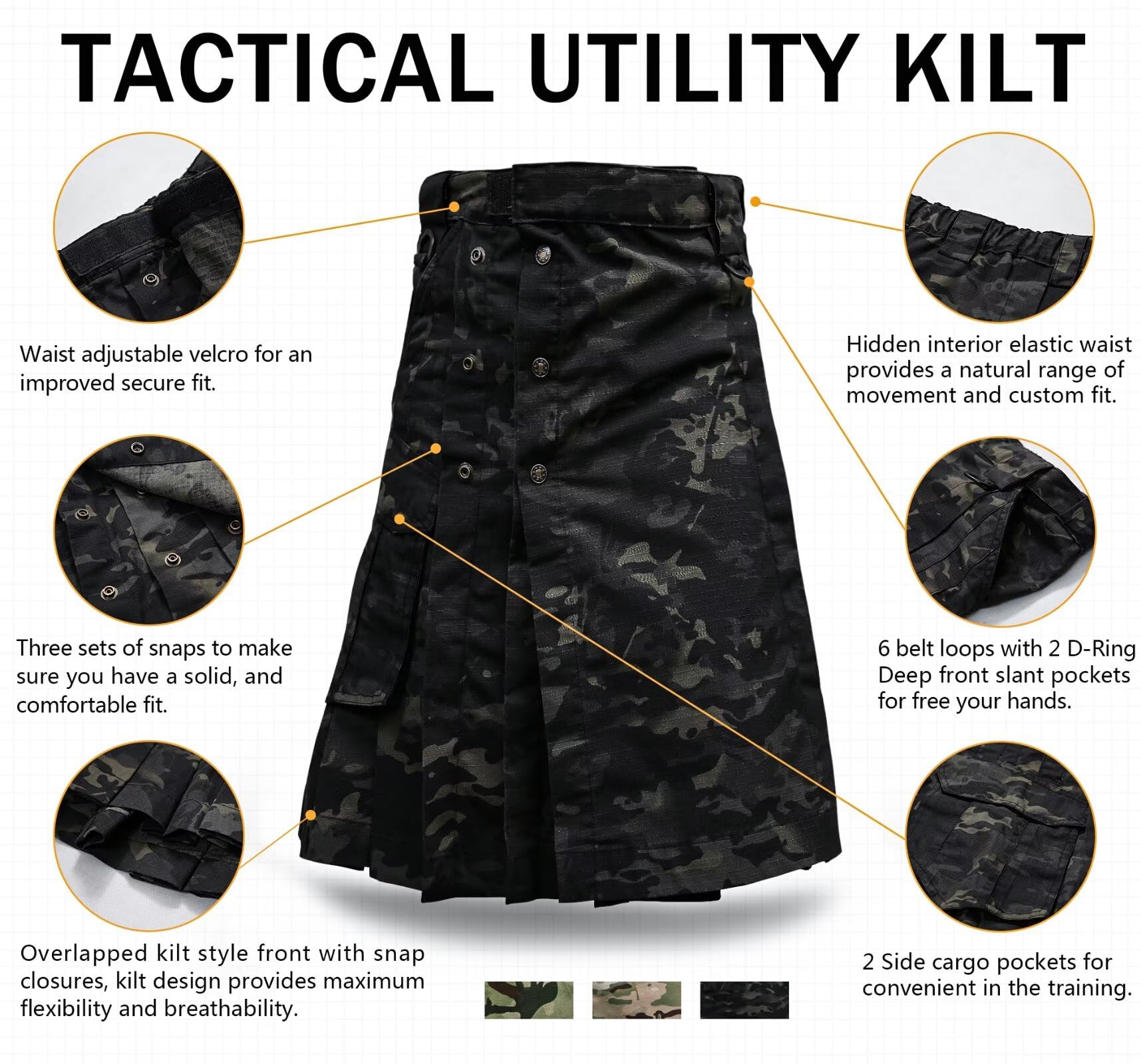 Men's Camo Scottish Outdoor Utility Kilt - 23" Length Pleated Tactical Irish Hybrid Kilt With Pockets