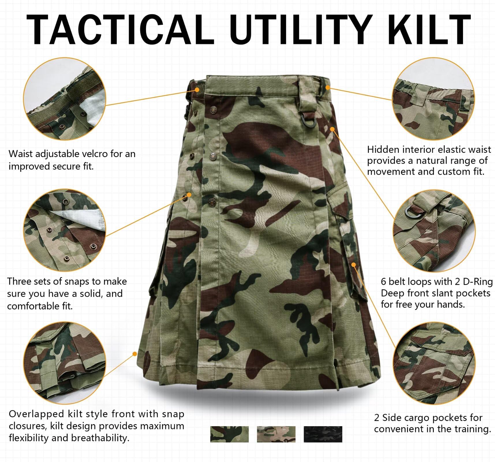 Men's Camo Scottish Outdoor Utility Kilt - 23" Length Pleated Tactical Irish Hybrid Kilt With Pockets