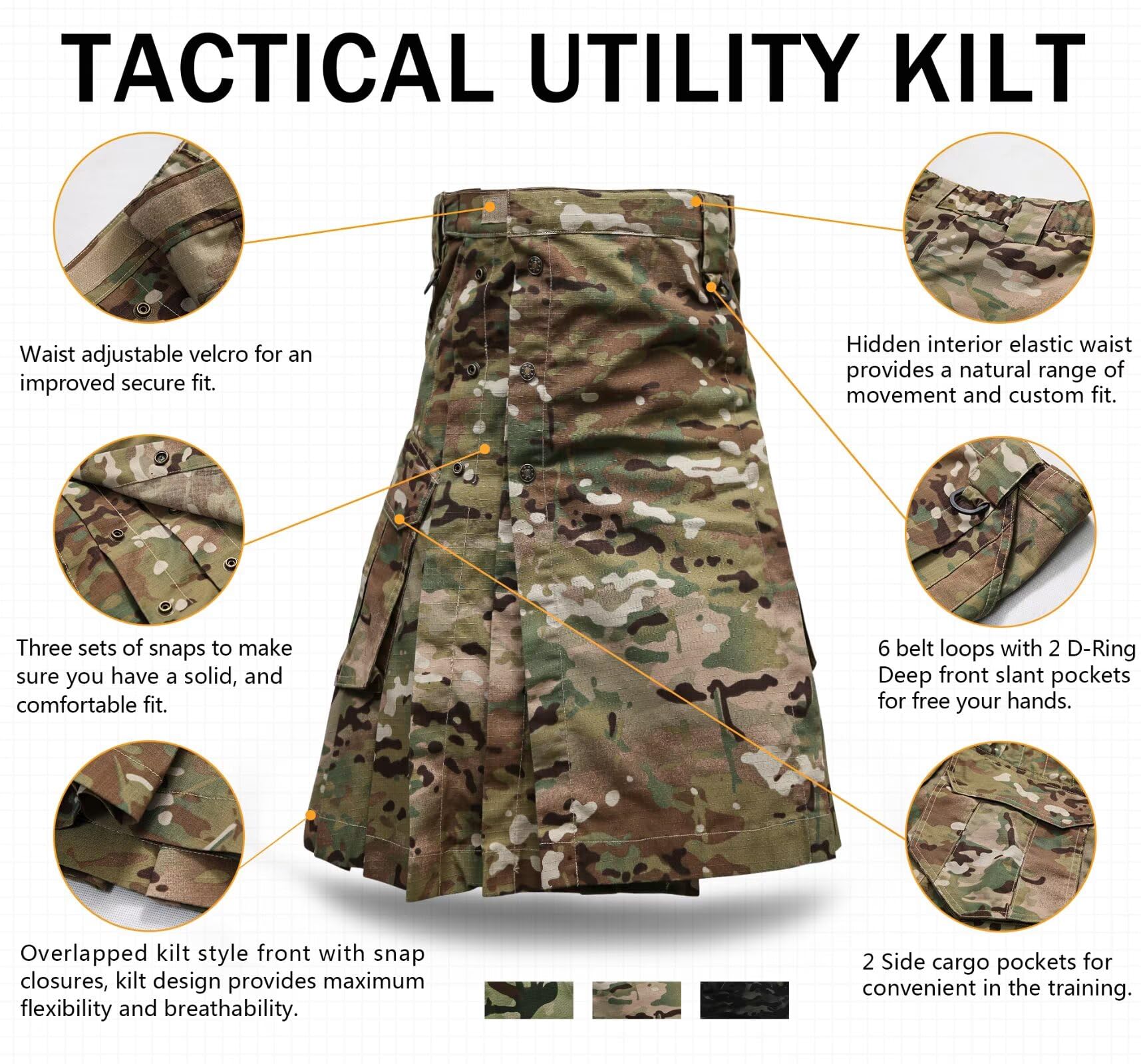 Men's Camo Scottish Outdoor Utility Kilt - 23" Length Pleated Tactical Irish Hybrid Kilt With Pockets