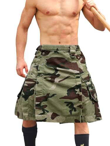 Men's Camo Scottish Outdoor Utility Kilt - 23" Length Pleated Tactical Irish Hybrid Kilt With Pockets