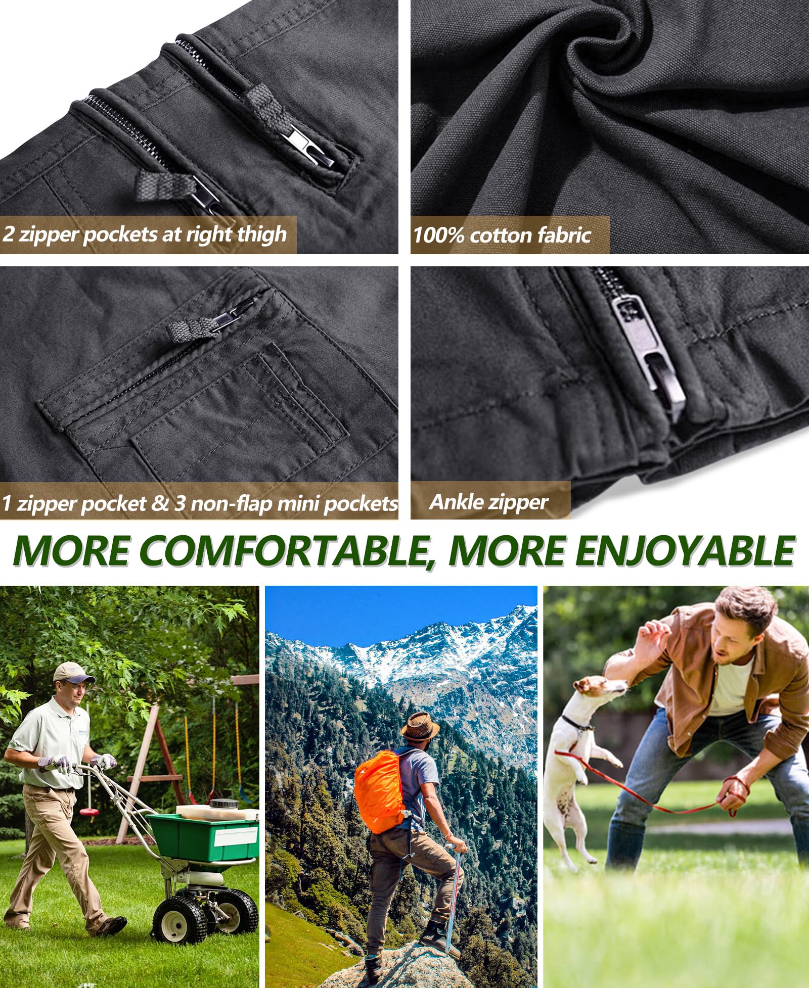 Cargo Pants for Men, Work Travel Casual Pants with Multi Zipper Pockets