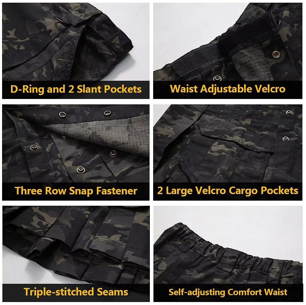 Men's Camo Scottish Outdoor Utility Kilt - 23" Length Pleated Tactical Irish Hybrid Kilt With Pockets