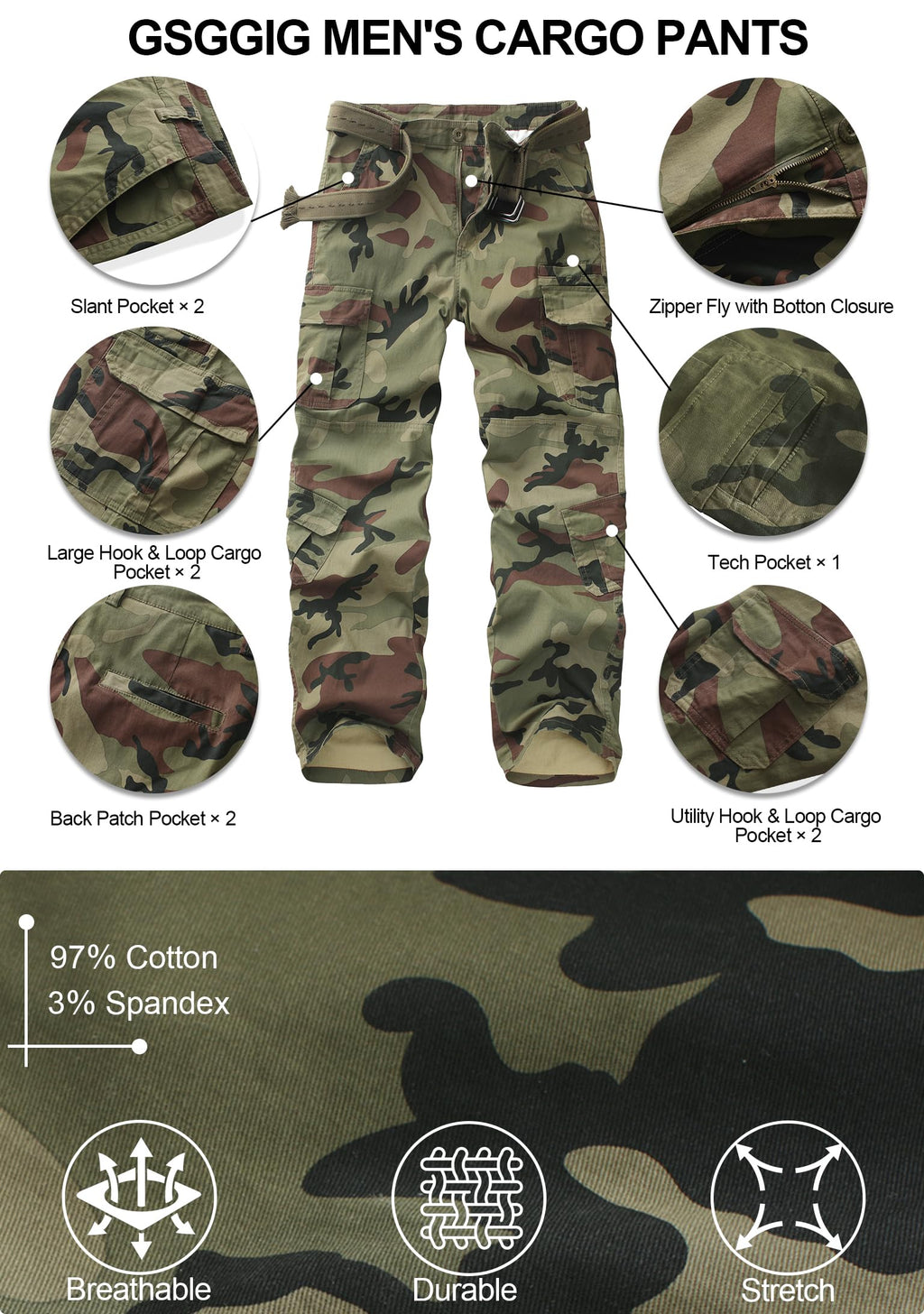 Hiking Pants Men Camo Cargo Pants Outdoor Construction Work Pants with Multi Pocket