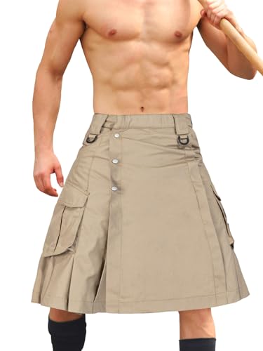 Men's Camo Scottish Outdoor Utility Kilt - 23" Length Pleated Tactical Irish Hybrid Kilt With Pockets