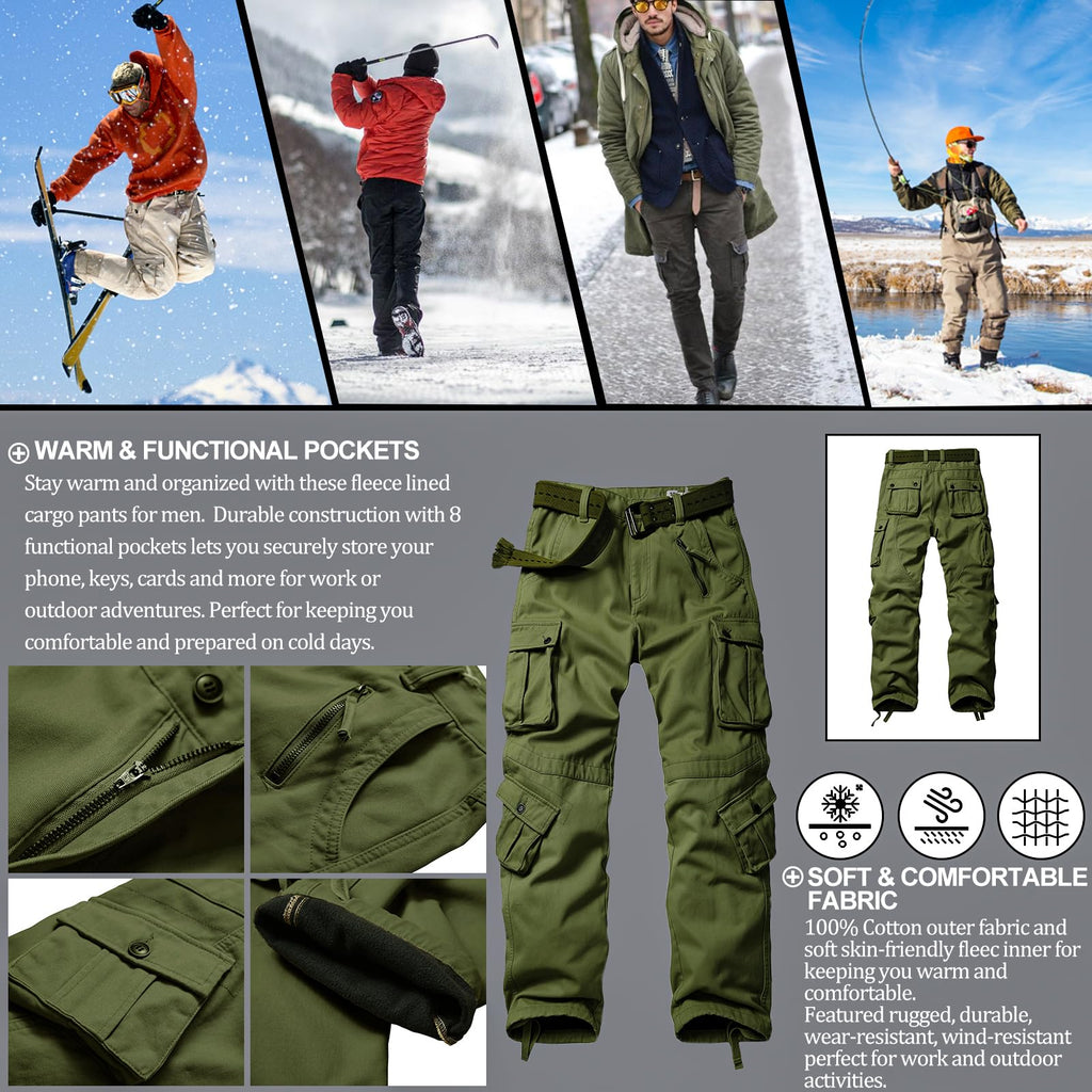 Men's Fleece Lined Hiking Pants, Winter Camo Cargo Pants Army Casual Work Ski Pants for Men with 8 Pockets No Belt