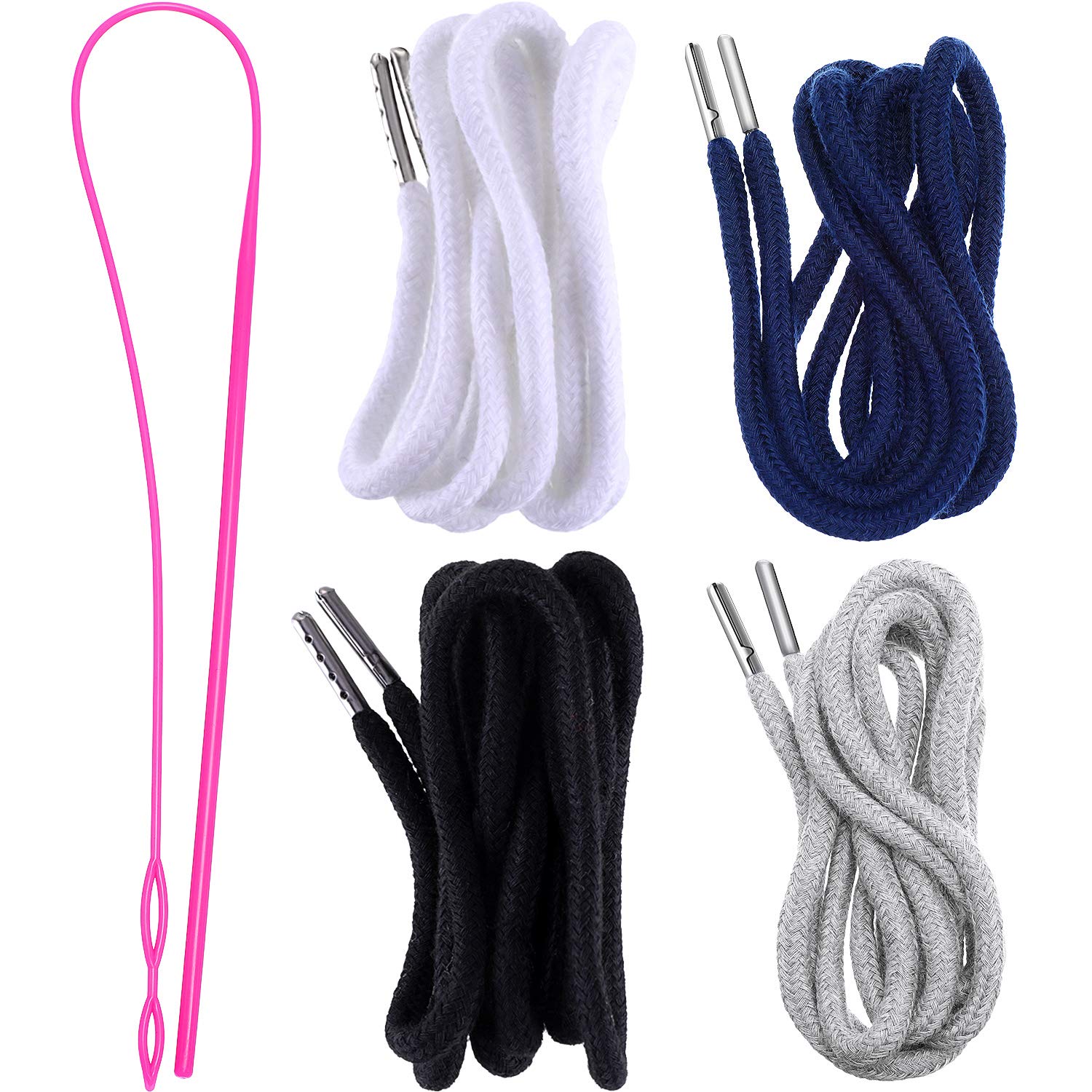 Drawstring Cords Replacement Drawstrings with Easy Threader for Sweatpants Shorts Pants Jackets Coats (Black, White)