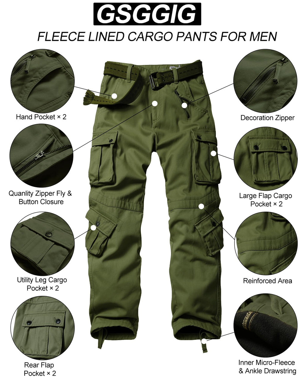 Men's Fleece Lined Hiking Pants, Winter Camo Cargo Pants Army Casual Work Ski Pants for Men with 8 Pockets No Belt
