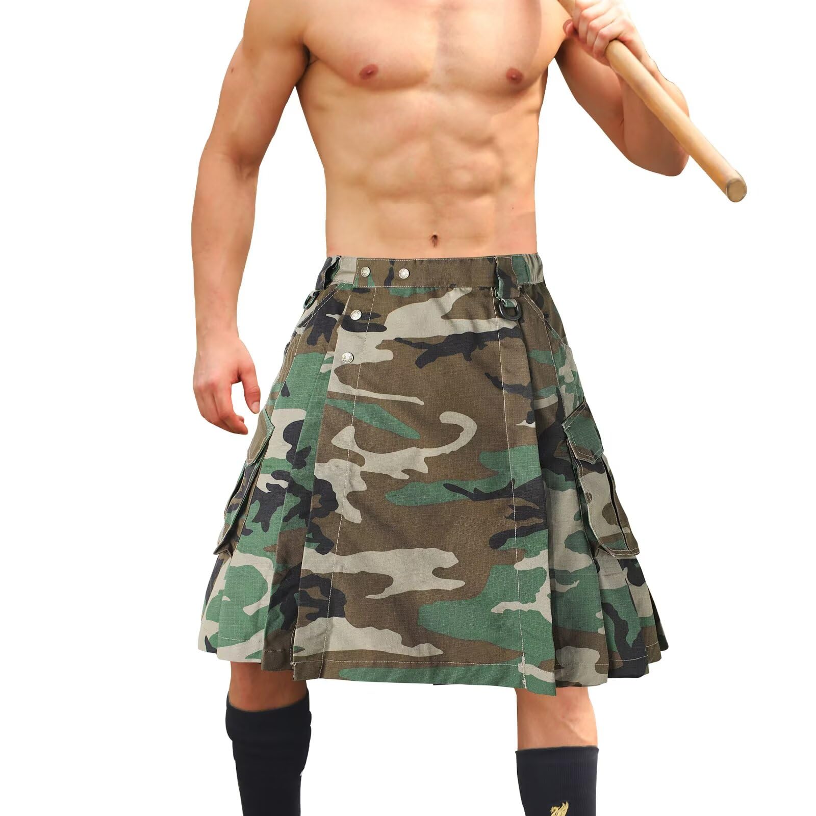 Men's Camo Scottish Outdoor Utility Kilt - 23" Length Pleated Tactical Irish Hybrid Kilt With Pockets