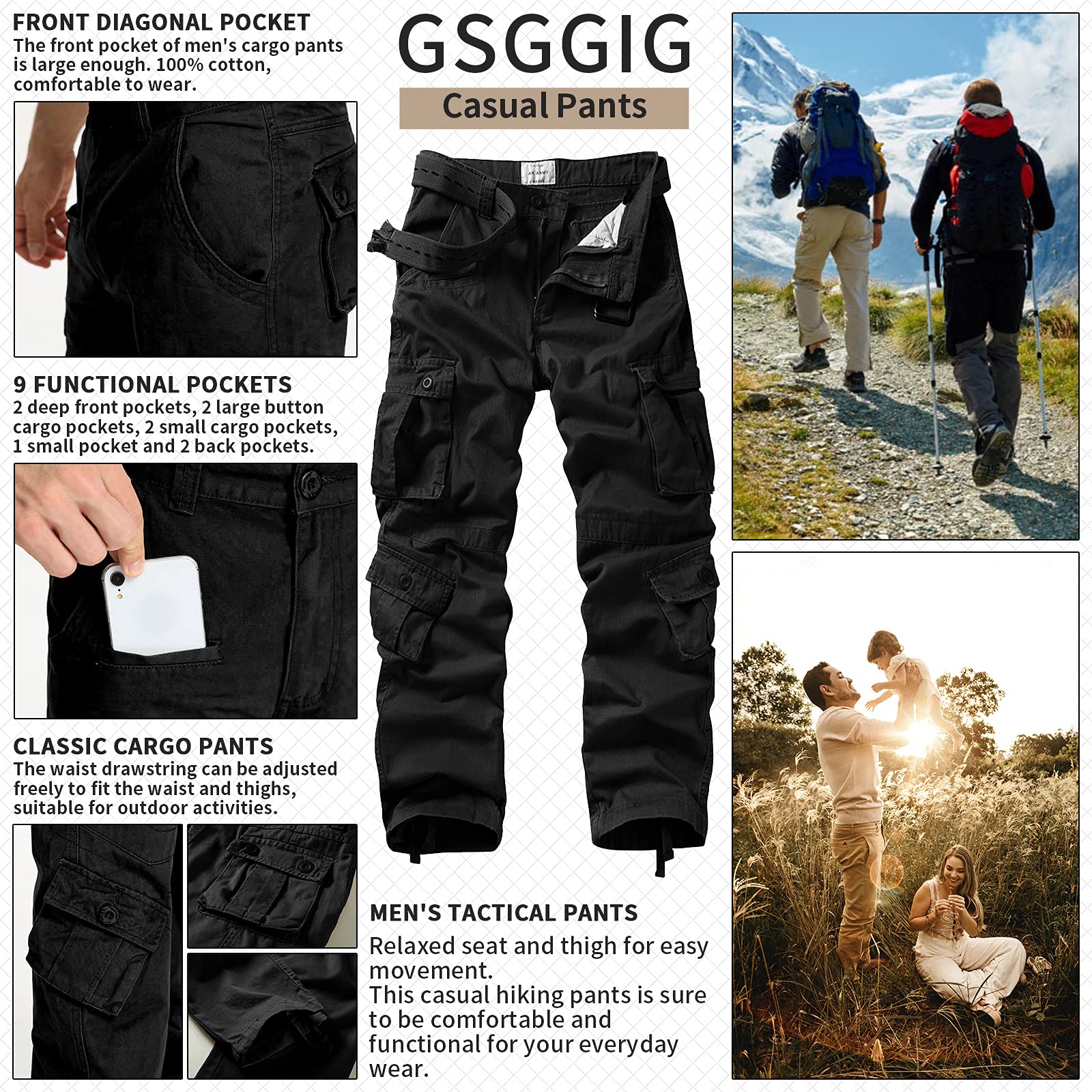 Men's Cargo Pants, Casual Outdoor Camo Pants, Relaxed Fit Work Pants with Multi Pockets