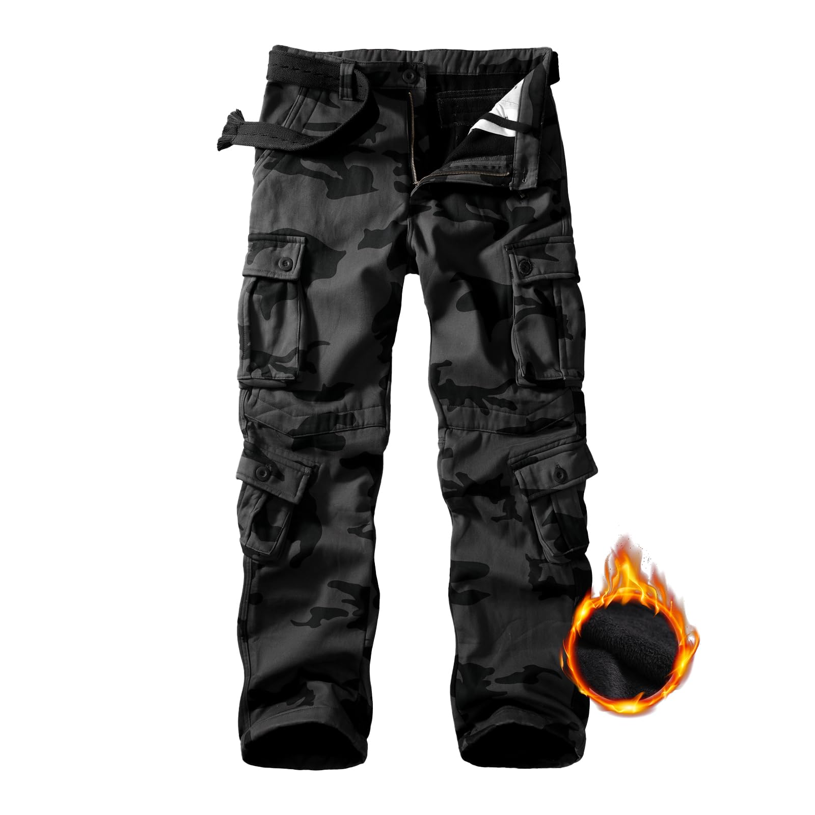 Men's Fleece Lined Hiking Pants, Winter Camo Cargo Pants Army Casual Work Ski Pants for Men with 8 Pockets No Belt